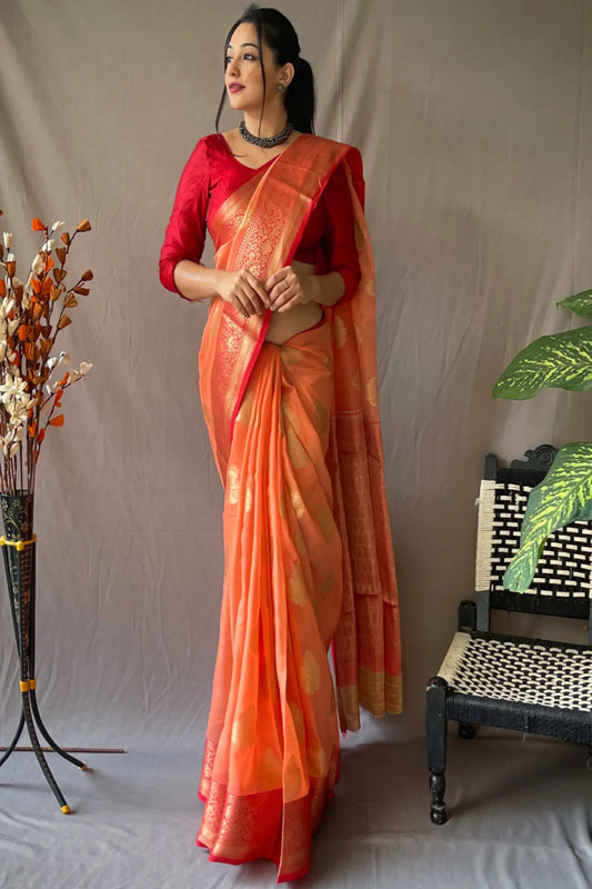 Orange Colour Linen Woven Soft Silk Saree