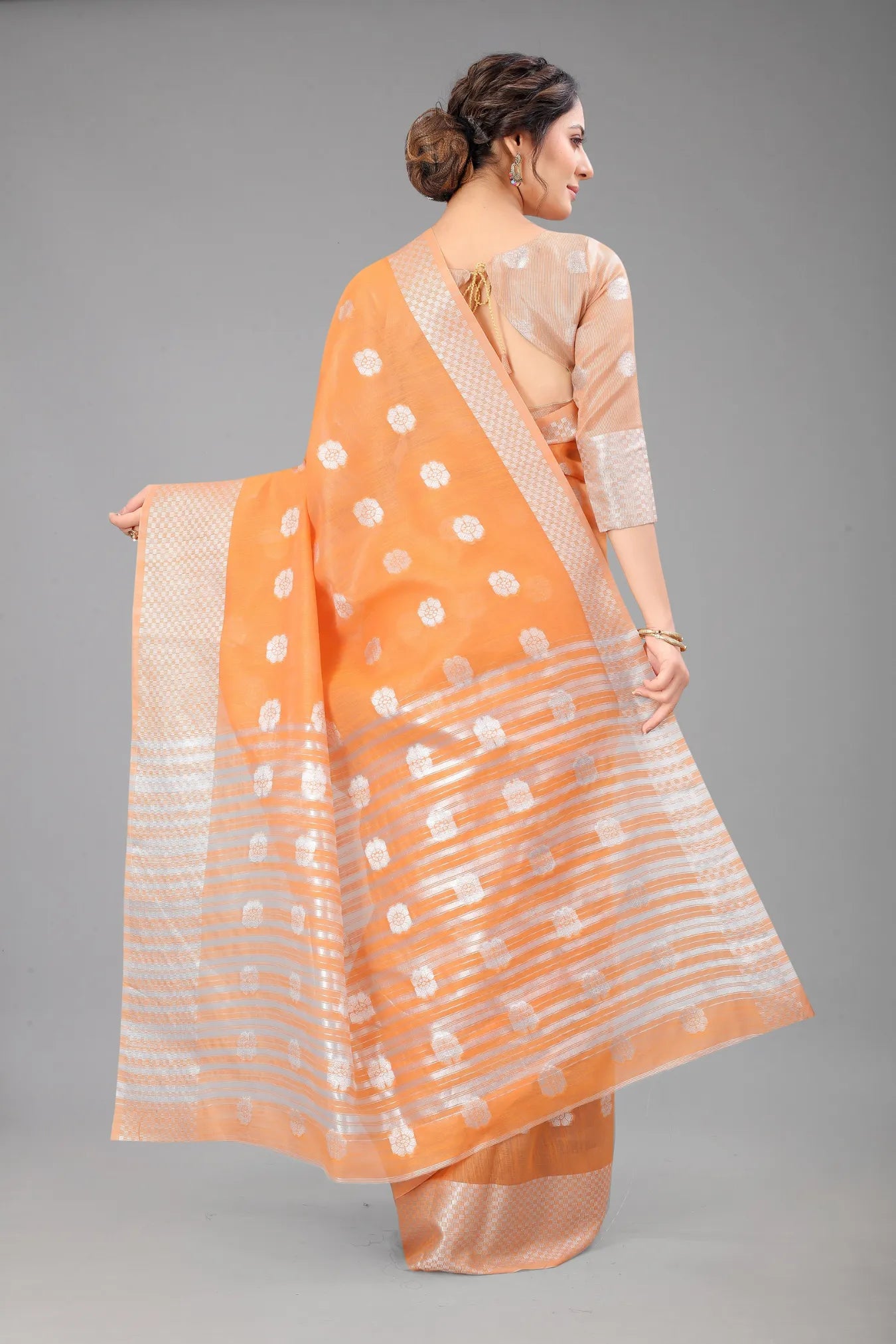Orange Colour Ready To Wear Linen Cotton Silk Saree