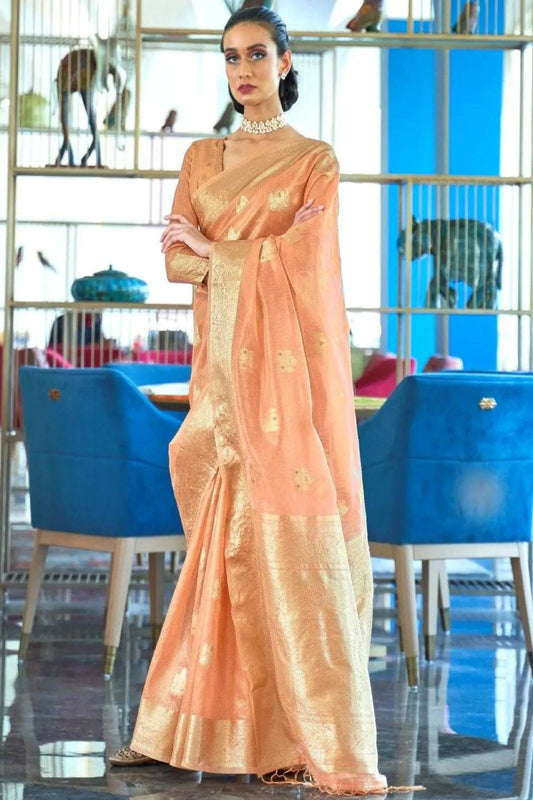 Orange Colour Wedding Wear Fancy Zari Woven Organza Silk Saree 