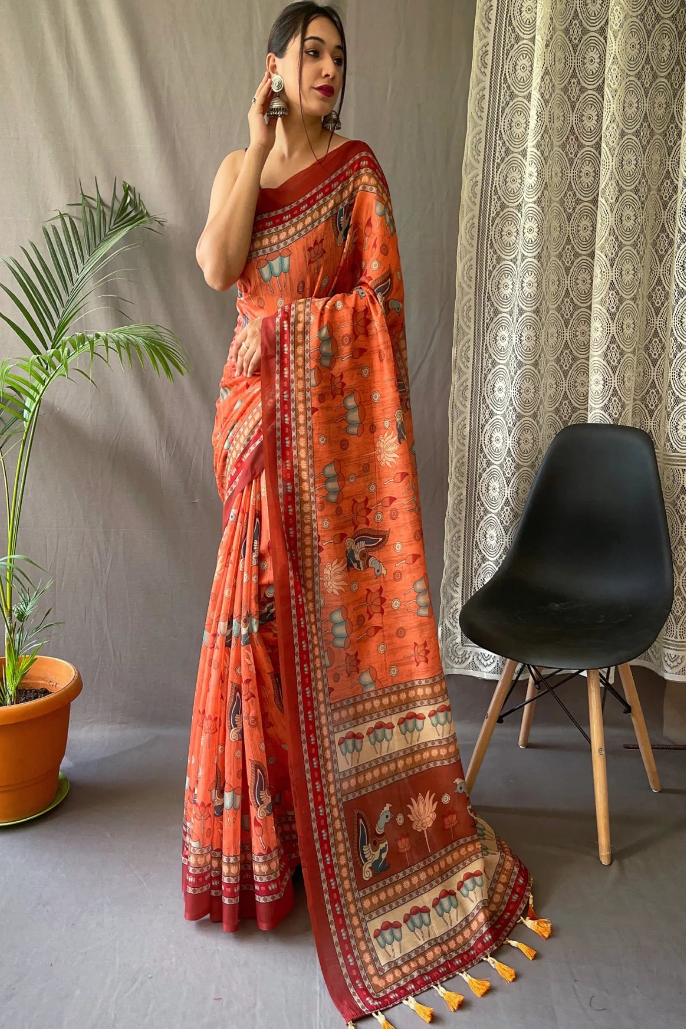 Orange Colour Malai Cotton Kalamkari Printed Silk Saree