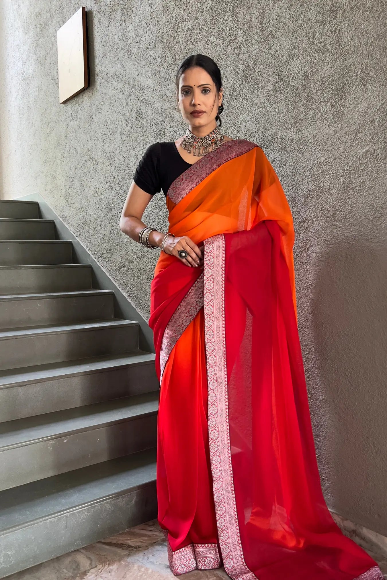 Orange Colour Georgette Silk Two Shaded Ready To Wear Saree