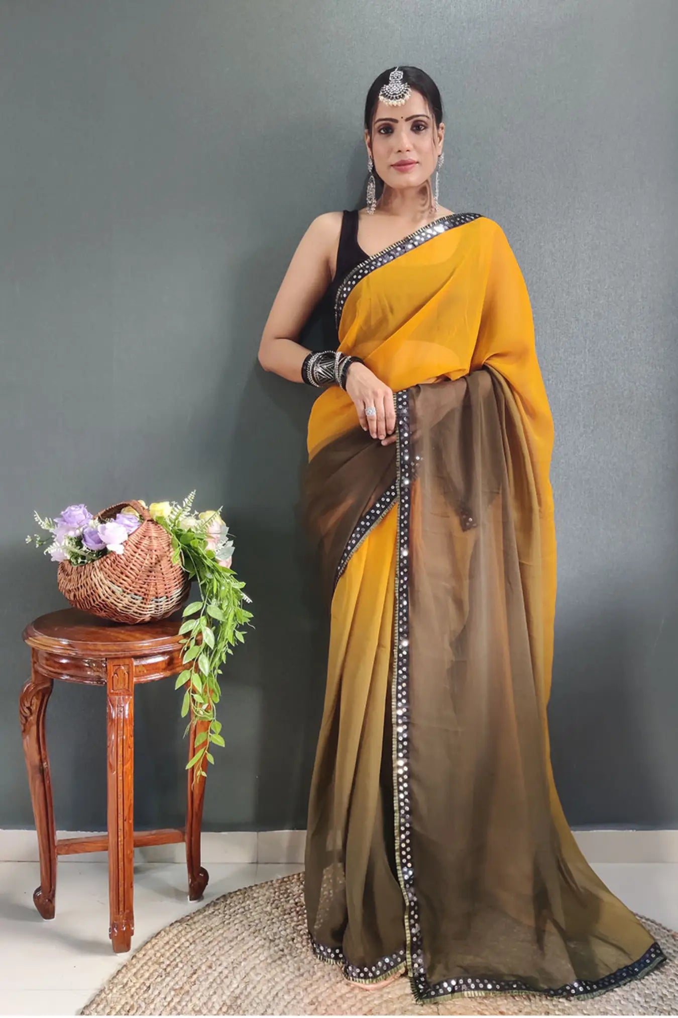 Orange Colour Ready To Wear Two Colors Shaded Silk Saree