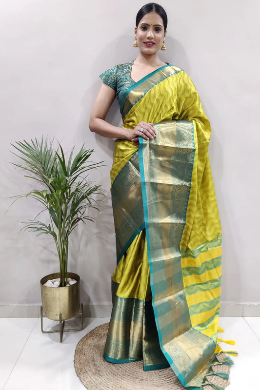Parrot Green Colour Ready To Wear Kanjivaram Silk Saree