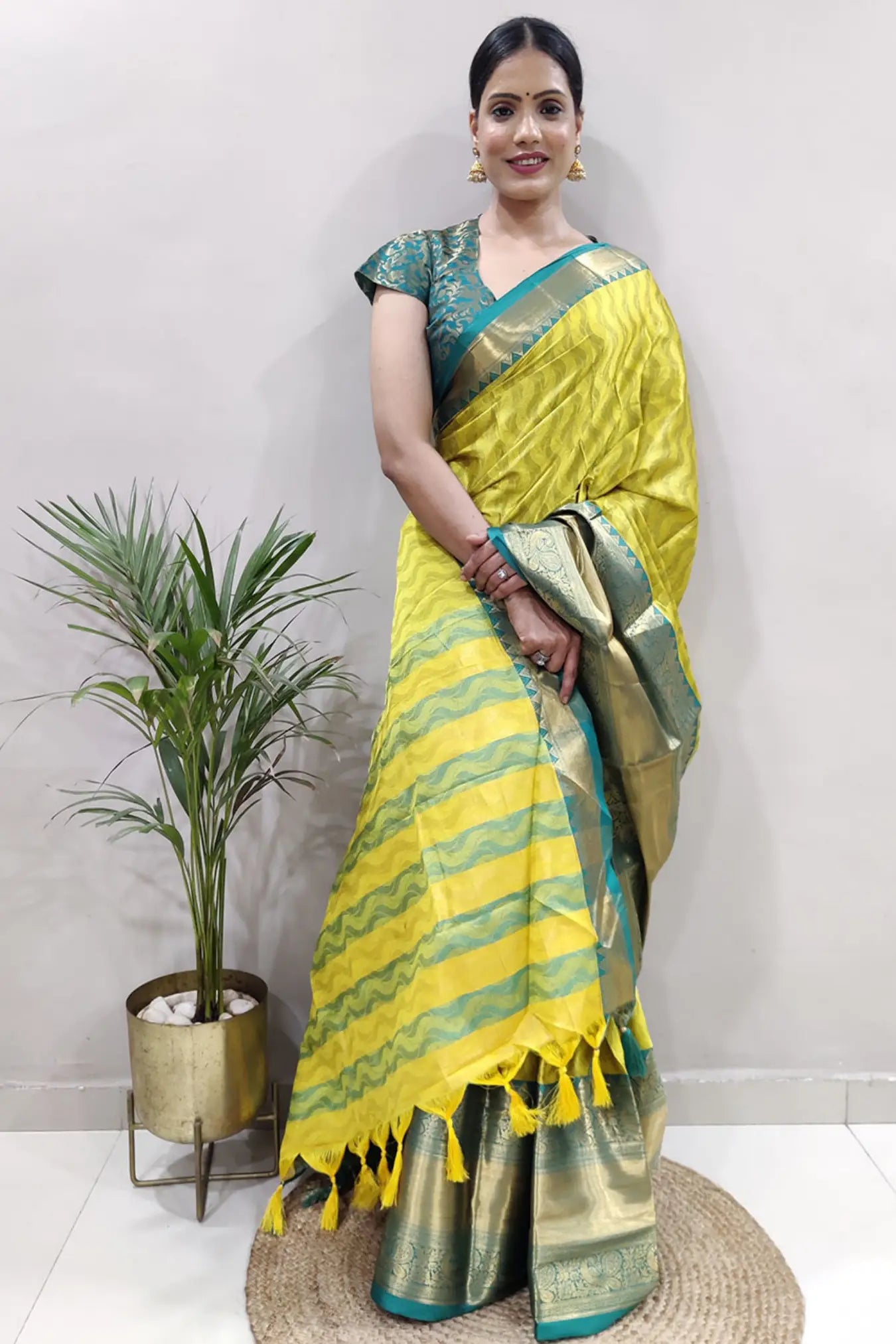 Parrot Green Colour Ready To Wear Kanjivaram Silk Saree