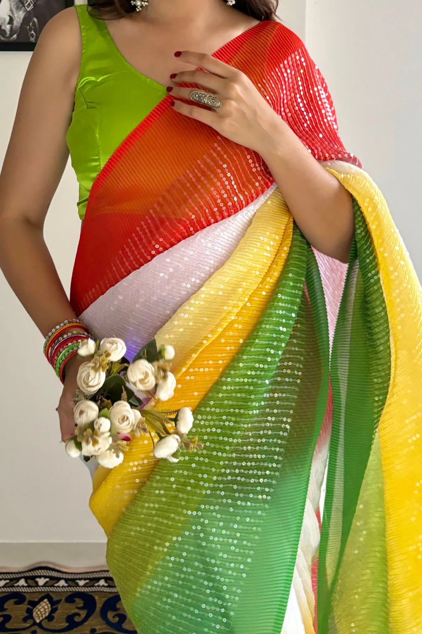 Parrot Colour Designer Ethnic Sequin Party Wear Silk Saree