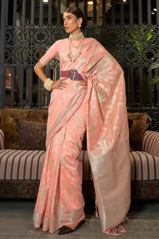 Peach Colour Zari Weaving Designer Banarasi Silk Saree