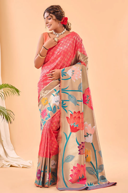 Peach Colour Floral Printed Paithani Silk Saree