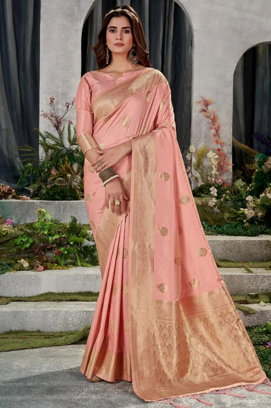 Peach Colour Floral Woven Kanjivaram Silk Saree