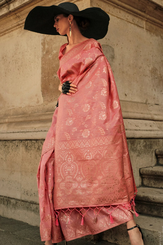 Peach Colour Gota Zari Handwoven Banarasi Silk Saree