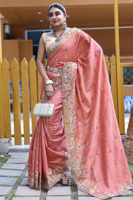 Peach Colour Handloom Weaving Silk Saree 