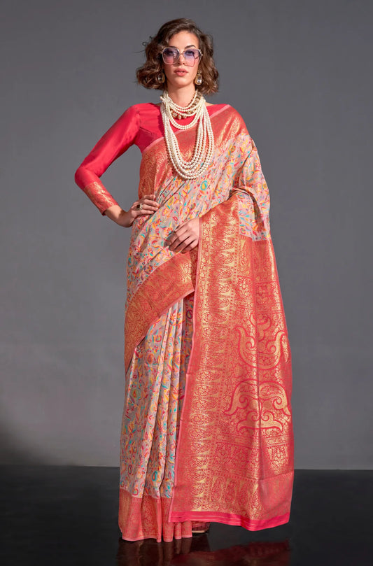 Peach Colour Kashmiri Handloom Silk Saree with Blouse Piece