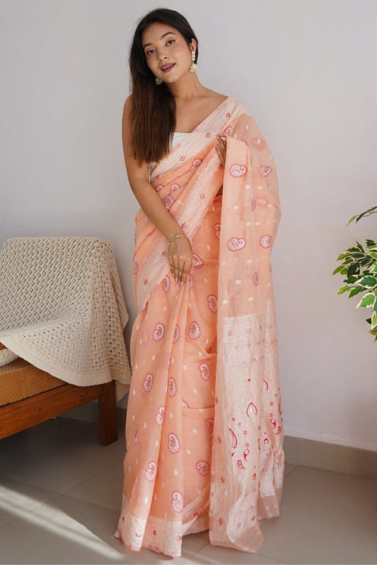 Peach Colour Jacquard Woven Cotton Linen Silk Saree 