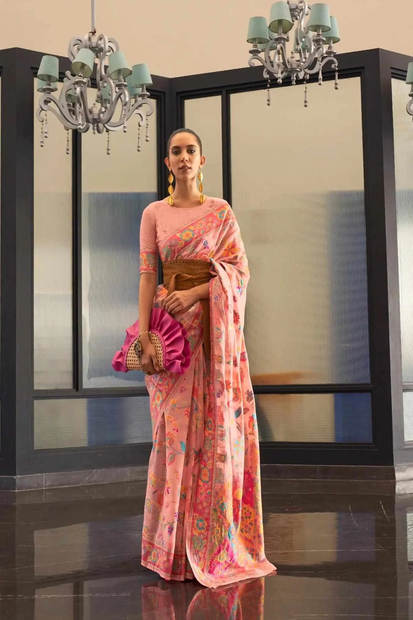 Peach Colour Jacquard Woven Handloom Silk Saree