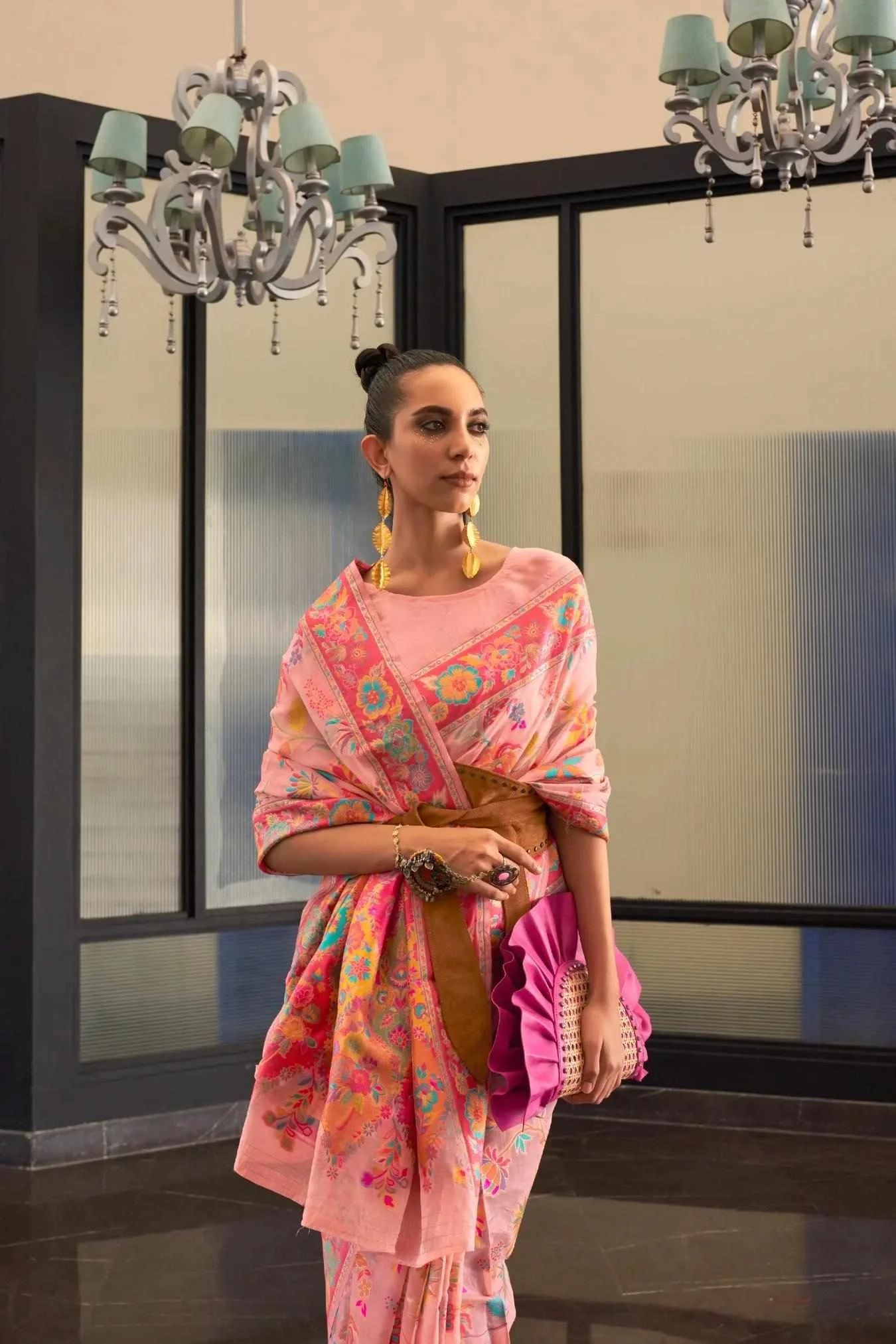 Peach Colour Jacquard Woven Handloom Silk Saree