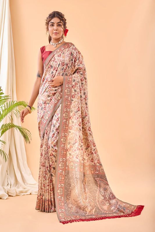 Peach Colour Kalamkari Floral Printed Soft Silk Saree