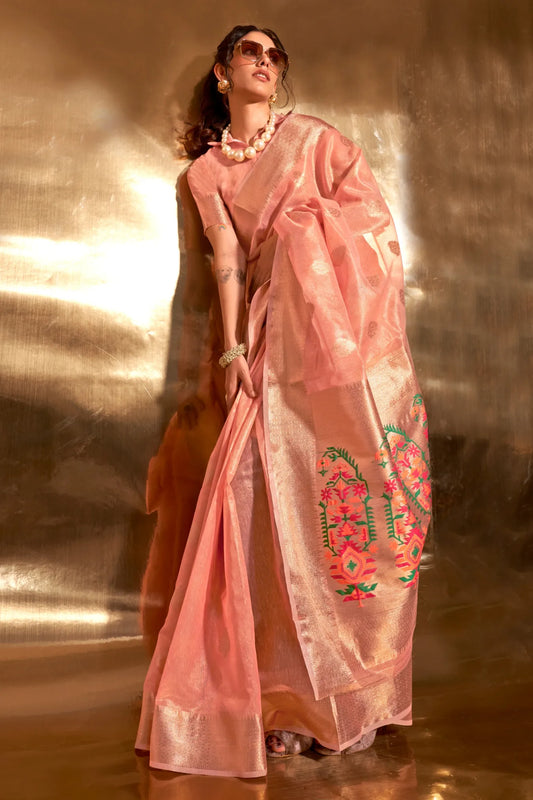 Peach Colour Latest Designer Organza Soft Silk Saree