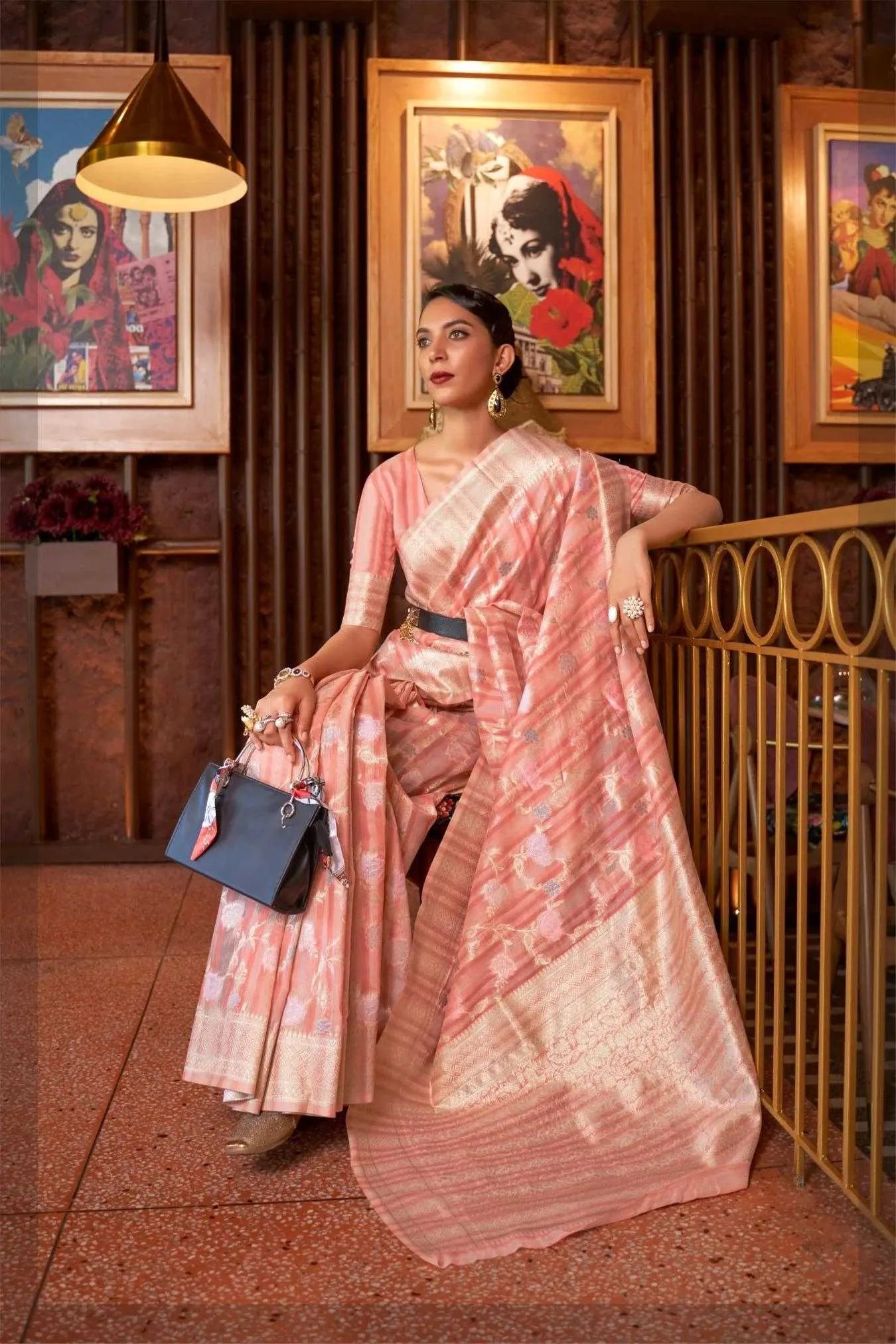 Peach Colour Festive Wear Linen Silk Saree