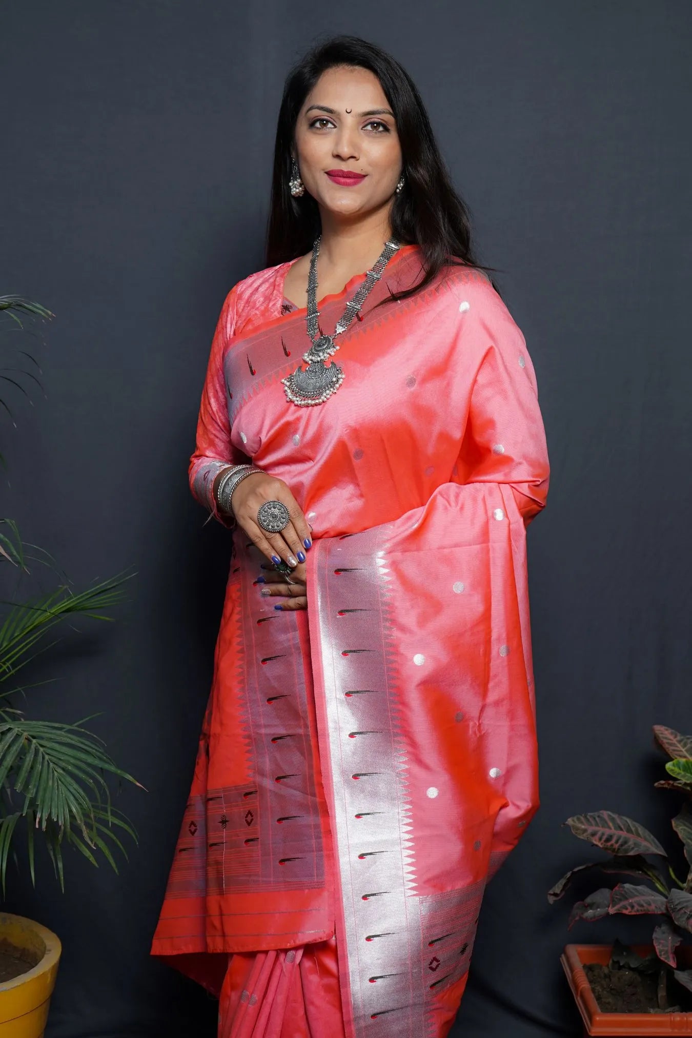 Peach Colour Zari Woven Paithani Soft Silk Saree