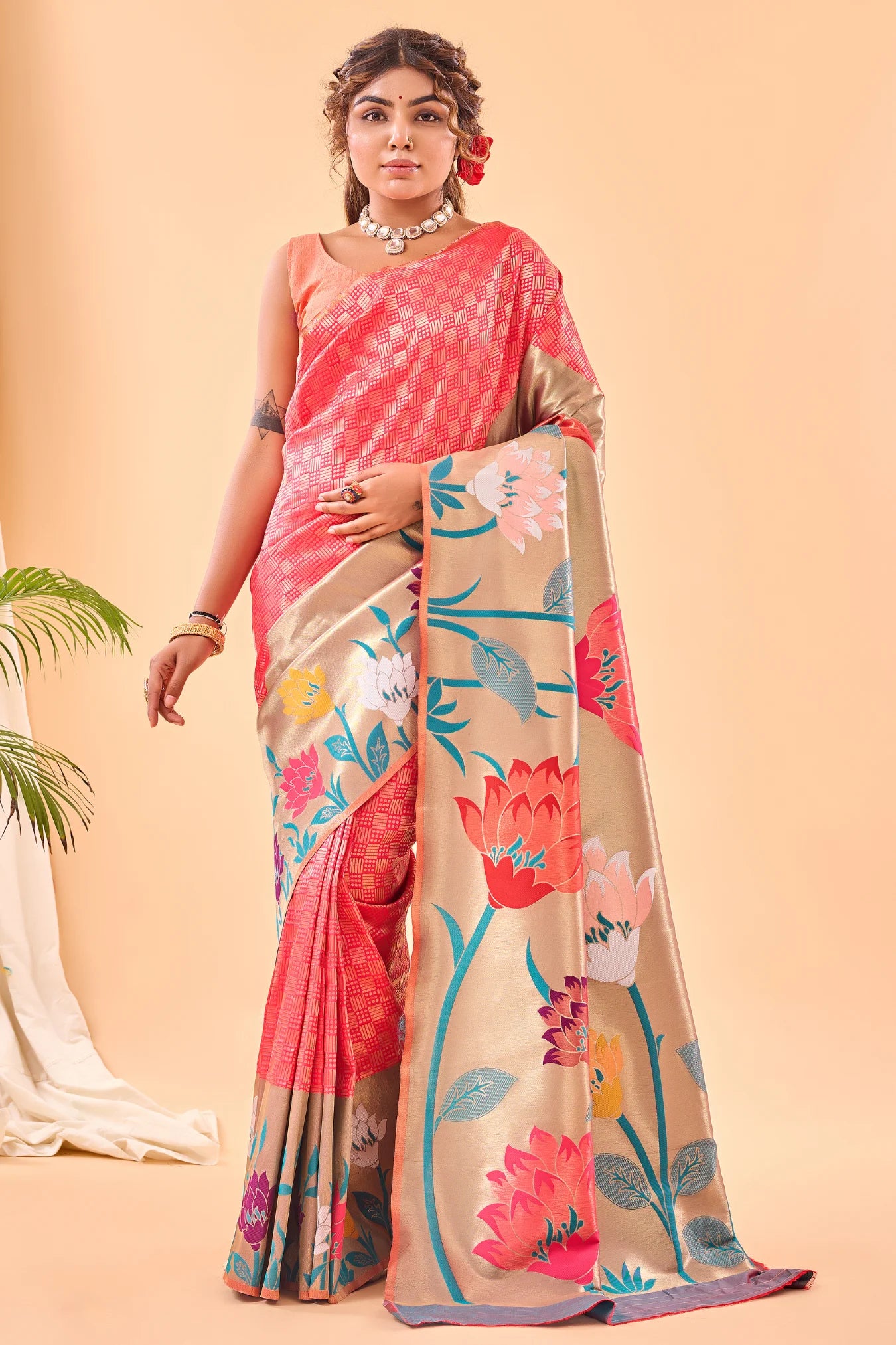 Peach Colour Floral Printed Paithani Silk Saree
