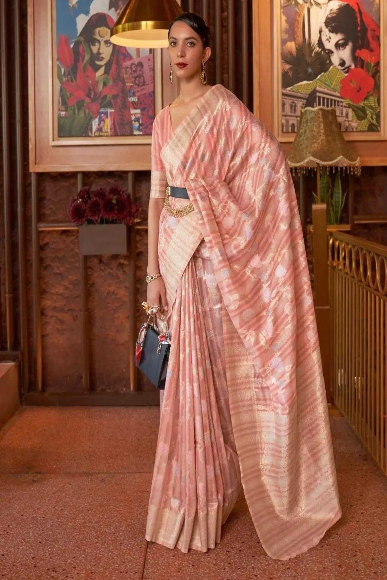 Peach Colour Wedding Festive Wear Linen Silk Saree
