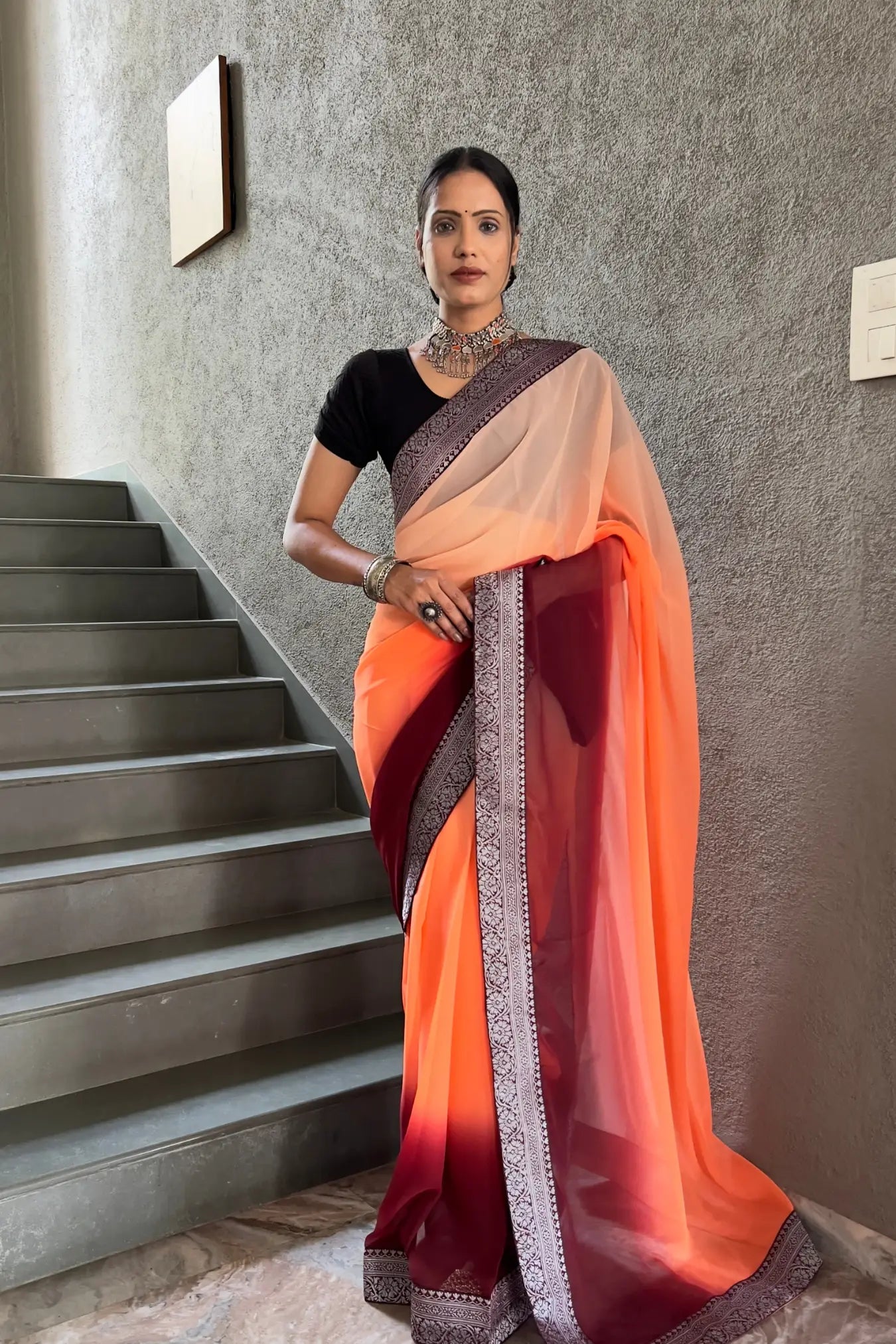 Peach Colour Georgette Silk Two Shaded Ready To Wear Saree