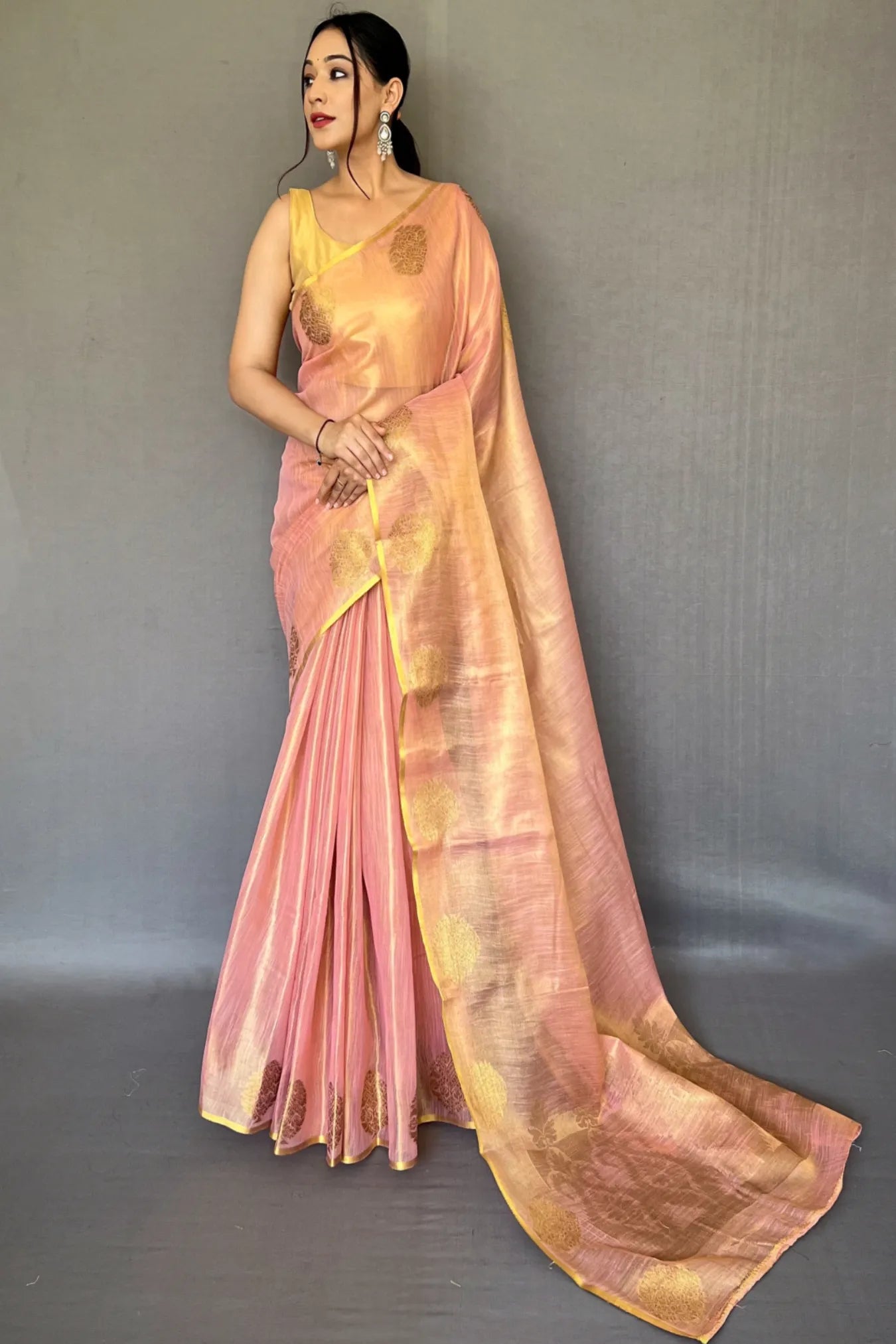 Peach Colour Zari Woven Handloom Tissue Silk Saree
