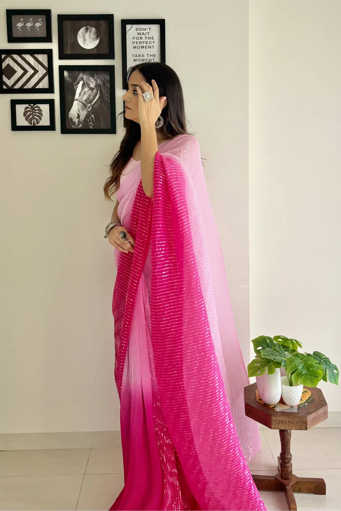 Pink Colour Designer Ethnic Sequin Party Wear Silk Saree