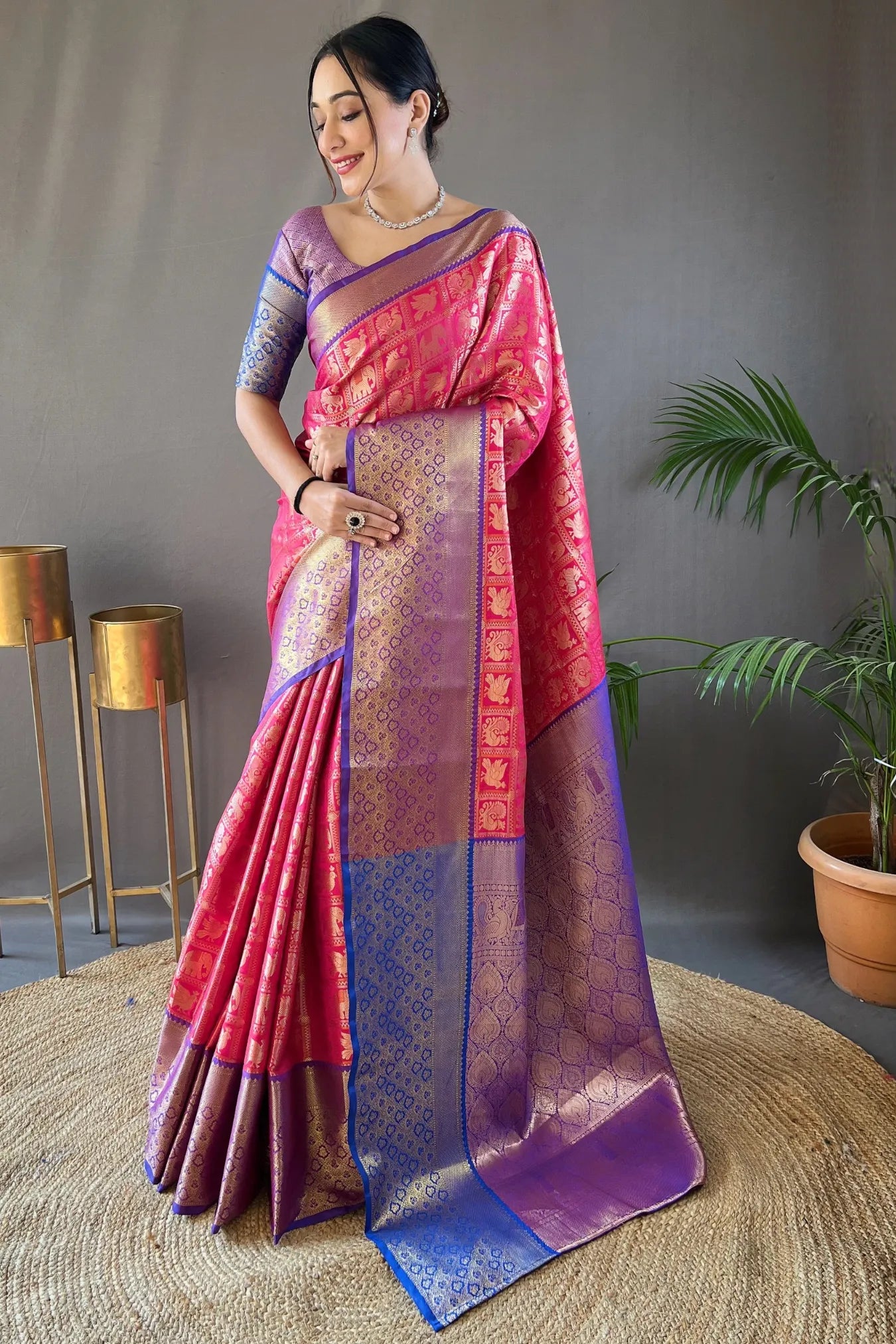 Pink Colour Checks Designer Kanjivaram Silk Saree