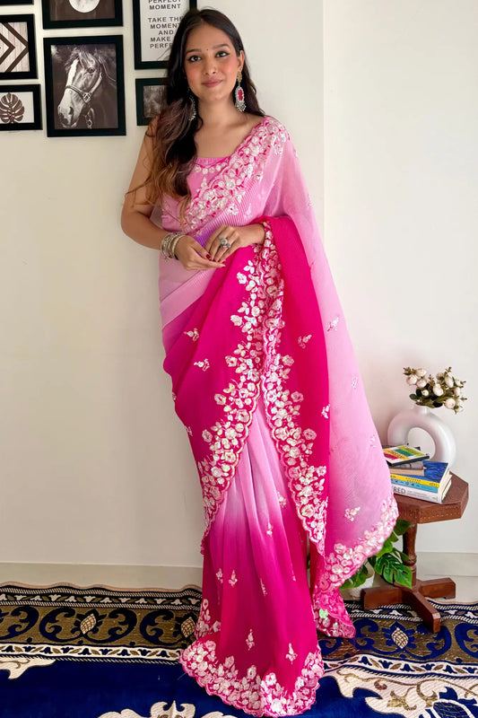 Pink Colour Party Wear Georgette Sequence Silk Saree