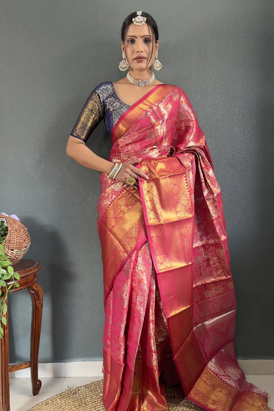Pink Colour Zari Woven Ready To Wear Kanjivaram Silk Saree