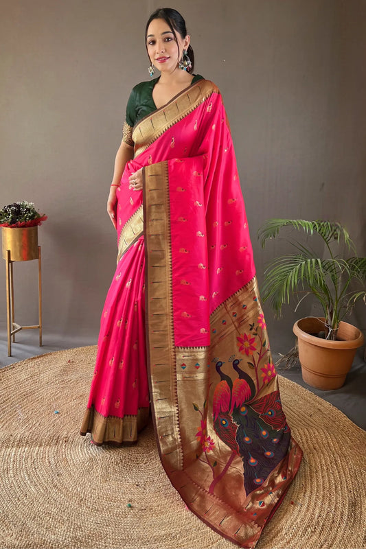 Pink Colour Contrast Border Weaving Paithani Silk Saree