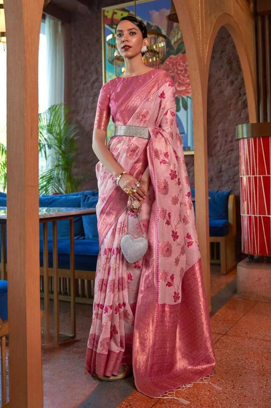 Pink Colour Copper Zari Woven Floral Organza Silk Saree