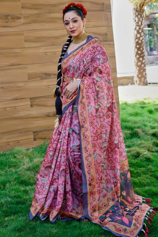 Pink Colour Festival Wear Digital Printed Kalamkari Silk Saree
