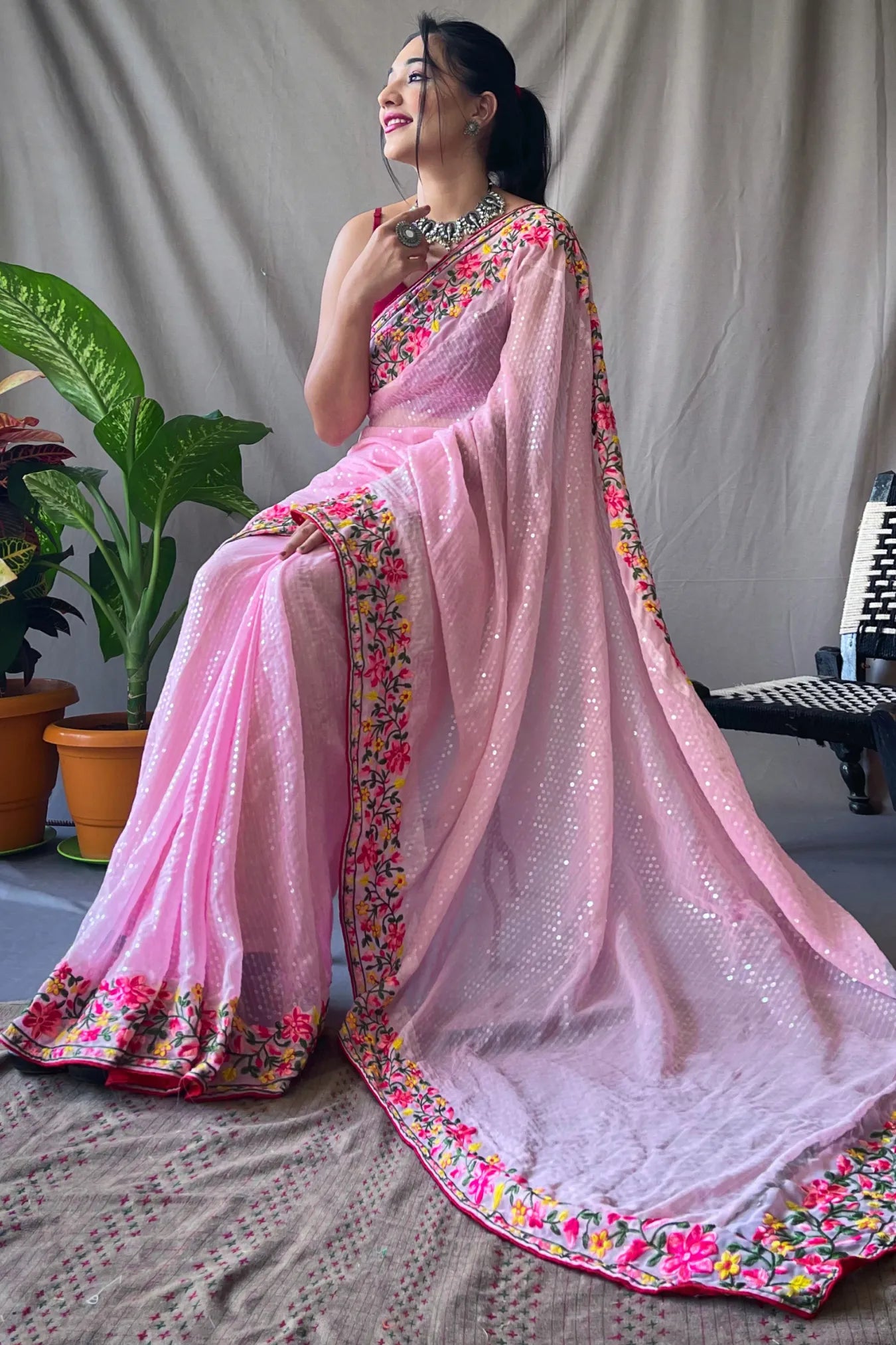 Pink Colour Georgette Salmon Sequence Embroidered Silk Saree