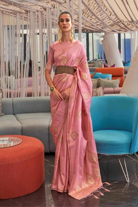 Pink Colour Gold Zari Butta Weaving Satin Silk Saree