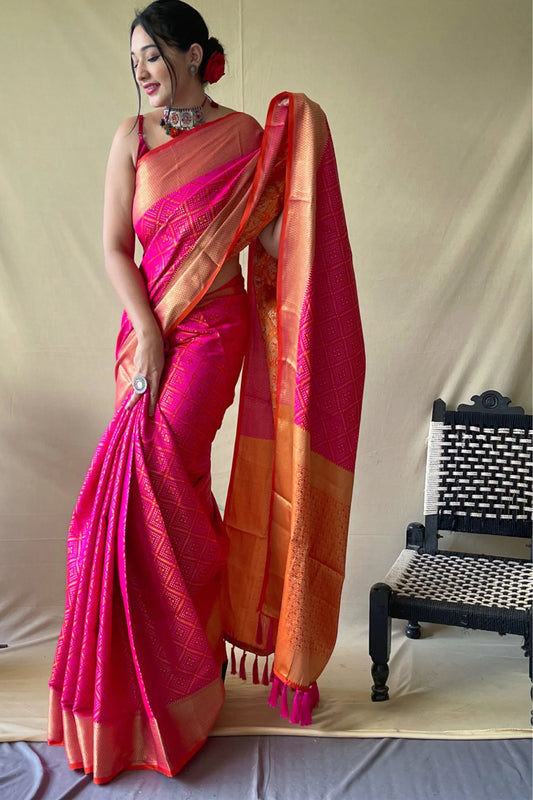 Pink Colour Golden Zari Woven Patola Leheriya Silk Saree