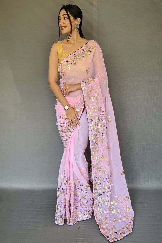 Pink Colour Gota Patti Embroidered Organza Silk Saree