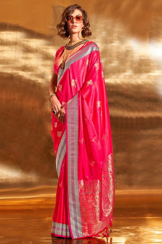 Pink Colour Contrast Handloom Weaving Satin Silk Saree