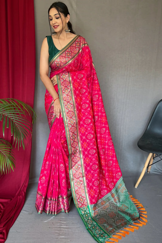 Pink Colour Rangeen Patola Contrast Woven Silk Saree