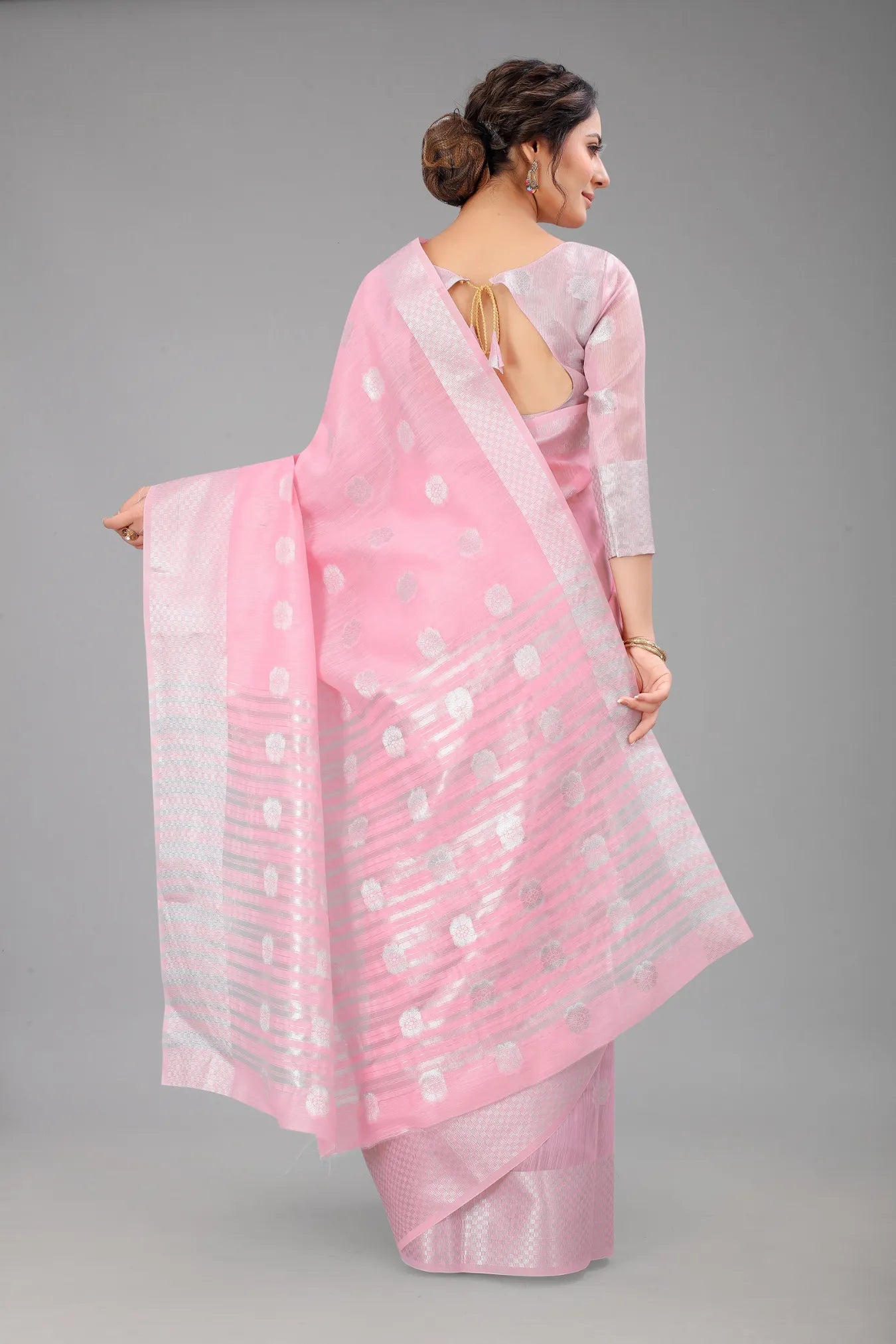 Pink Colour Ready To Wear Linen Cotton Silk Saree