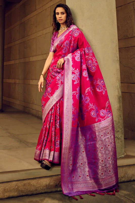 Pink Colour Festive Wear Floral Crepe Satin Silk Saree