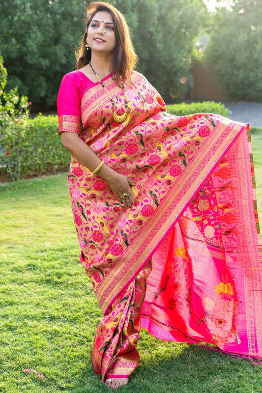 Pink Colour Zari Weaving Paithani Silk Saree