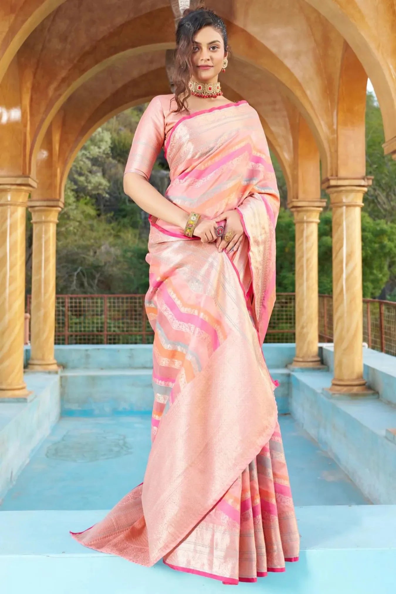 Pink Colour Zari Woven Organza Silk Saree