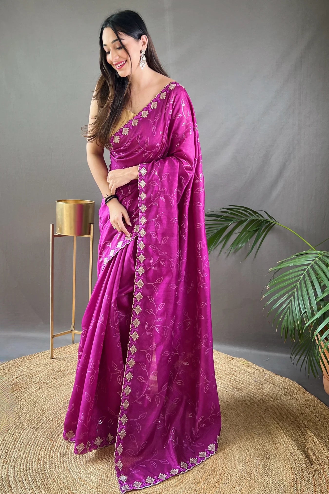 Pink Colour Embroidery Design Handloom Silk Saree