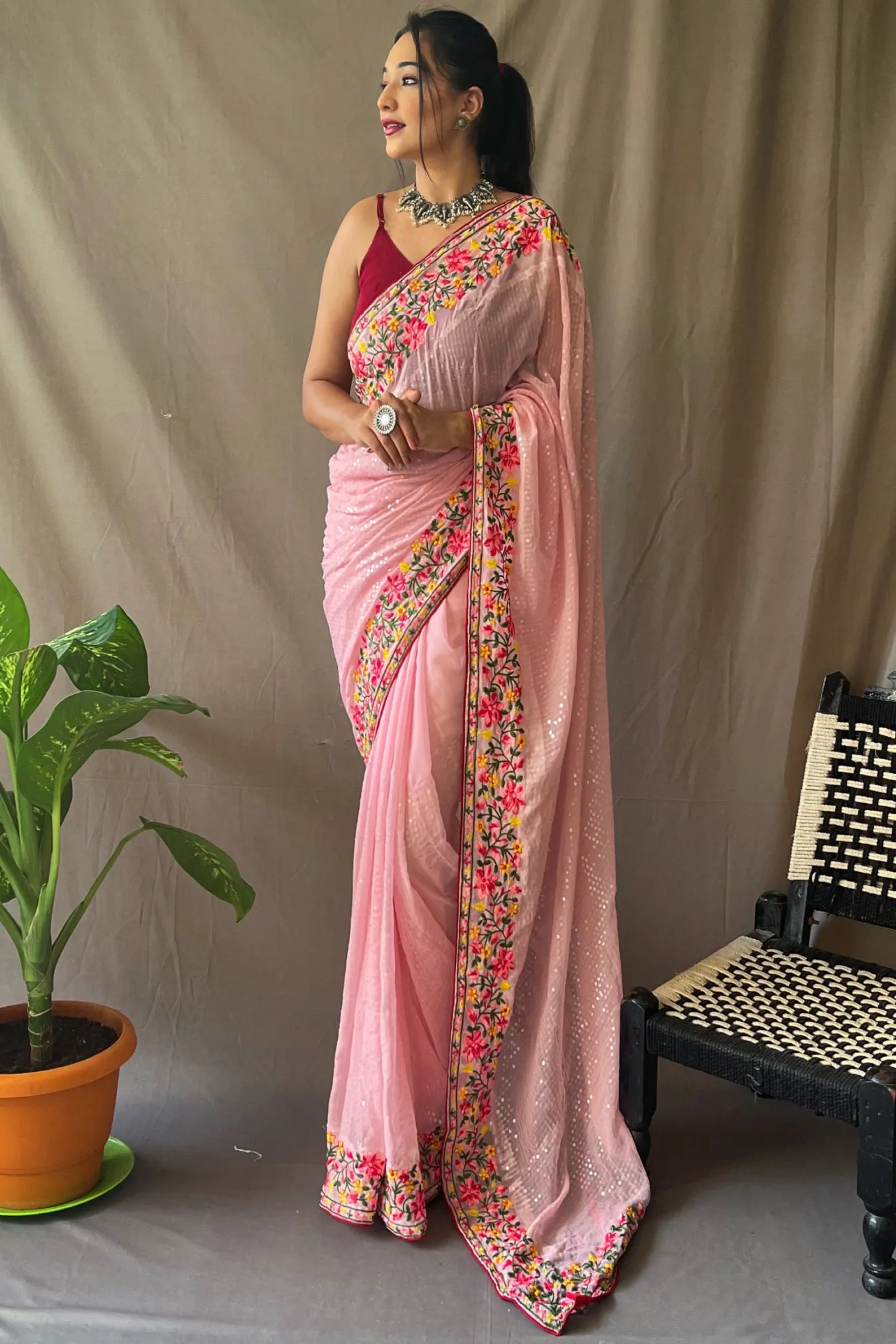 Pink Colour Georgette Salmon Sequins Embroidered Silk Saree
