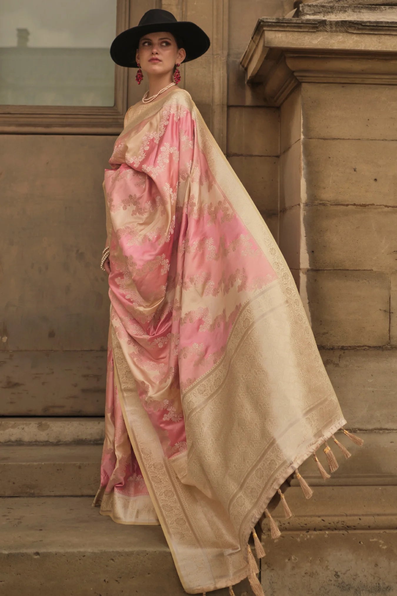 Pink Colour Handwoven Satin Silk Saree
