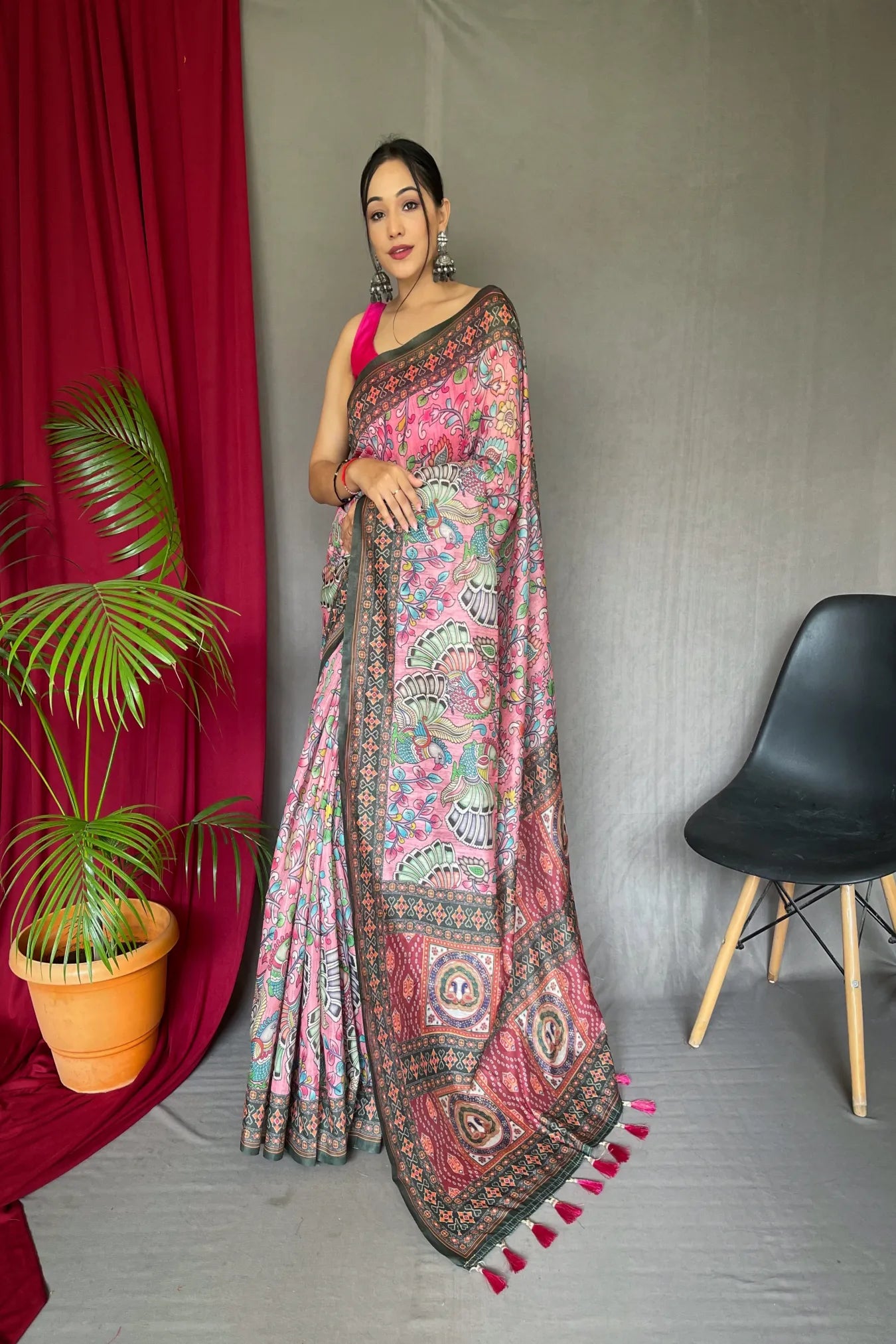 Pink Colour Malai Cotton Kalamkari Digital Printed Silk Saree