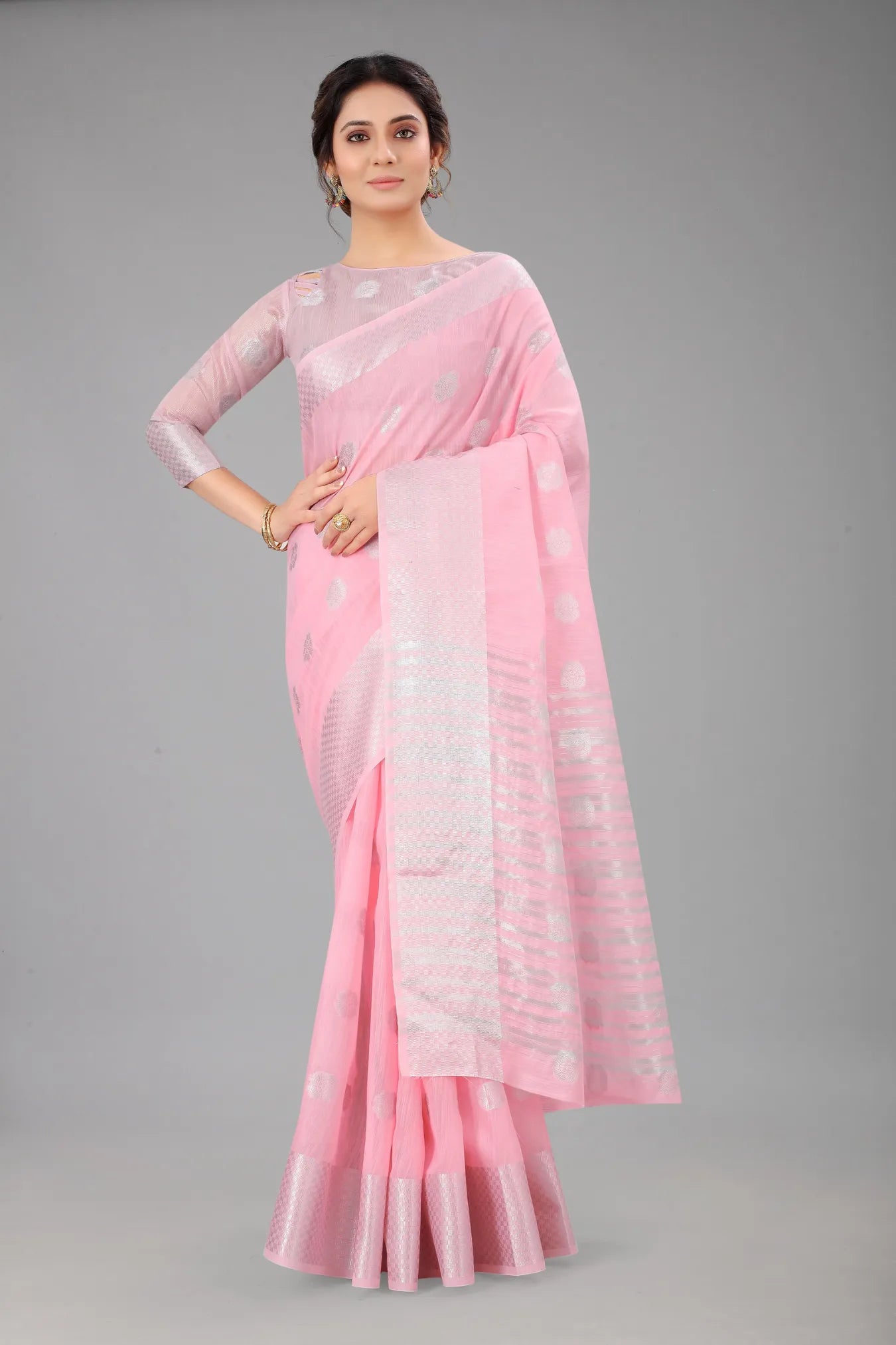 Pink Colour Ready To Wear Linen Cotton Blend Saree
