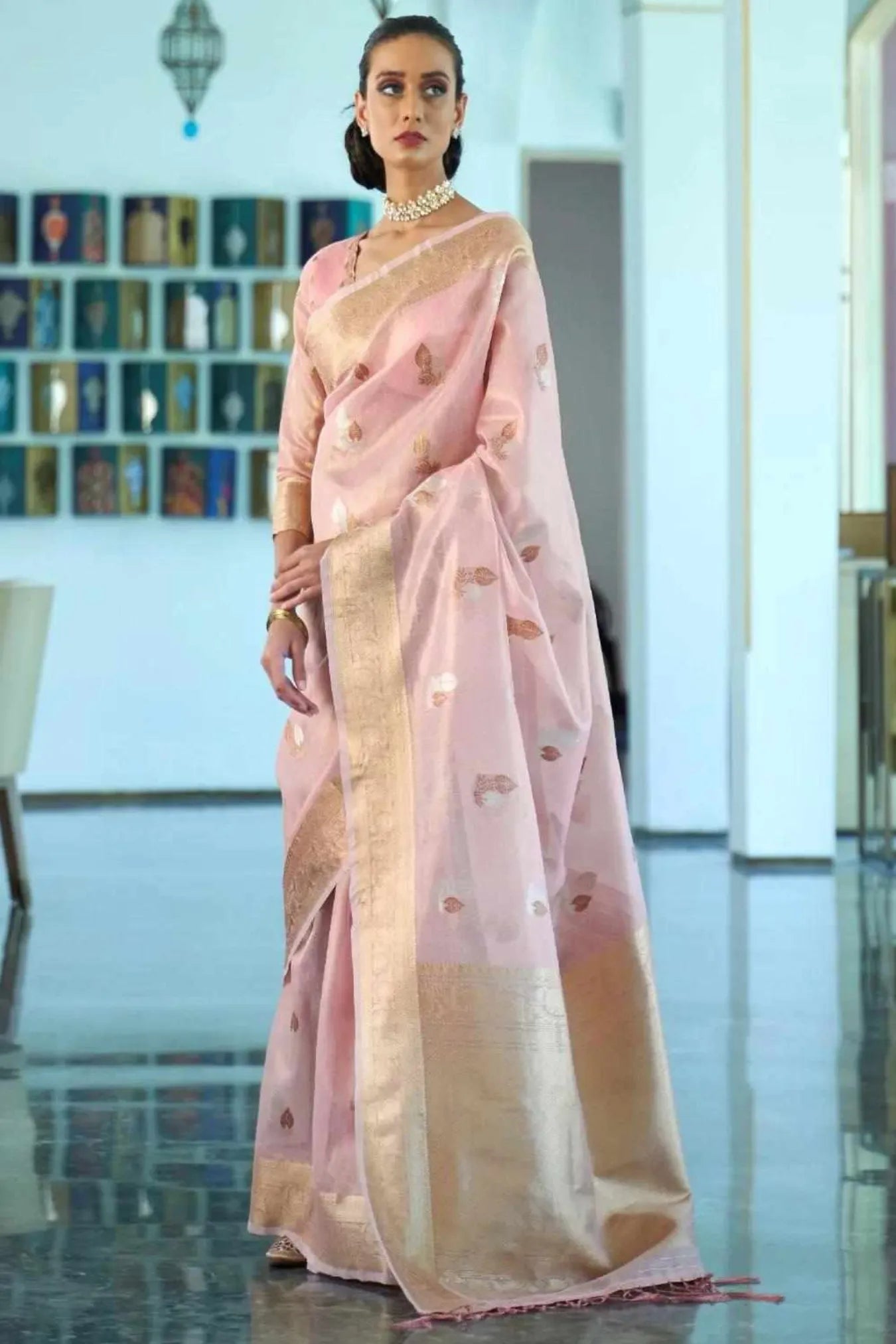 Pink Colour Wedding Wear Fancy Zari Woven Organza Silk Saree