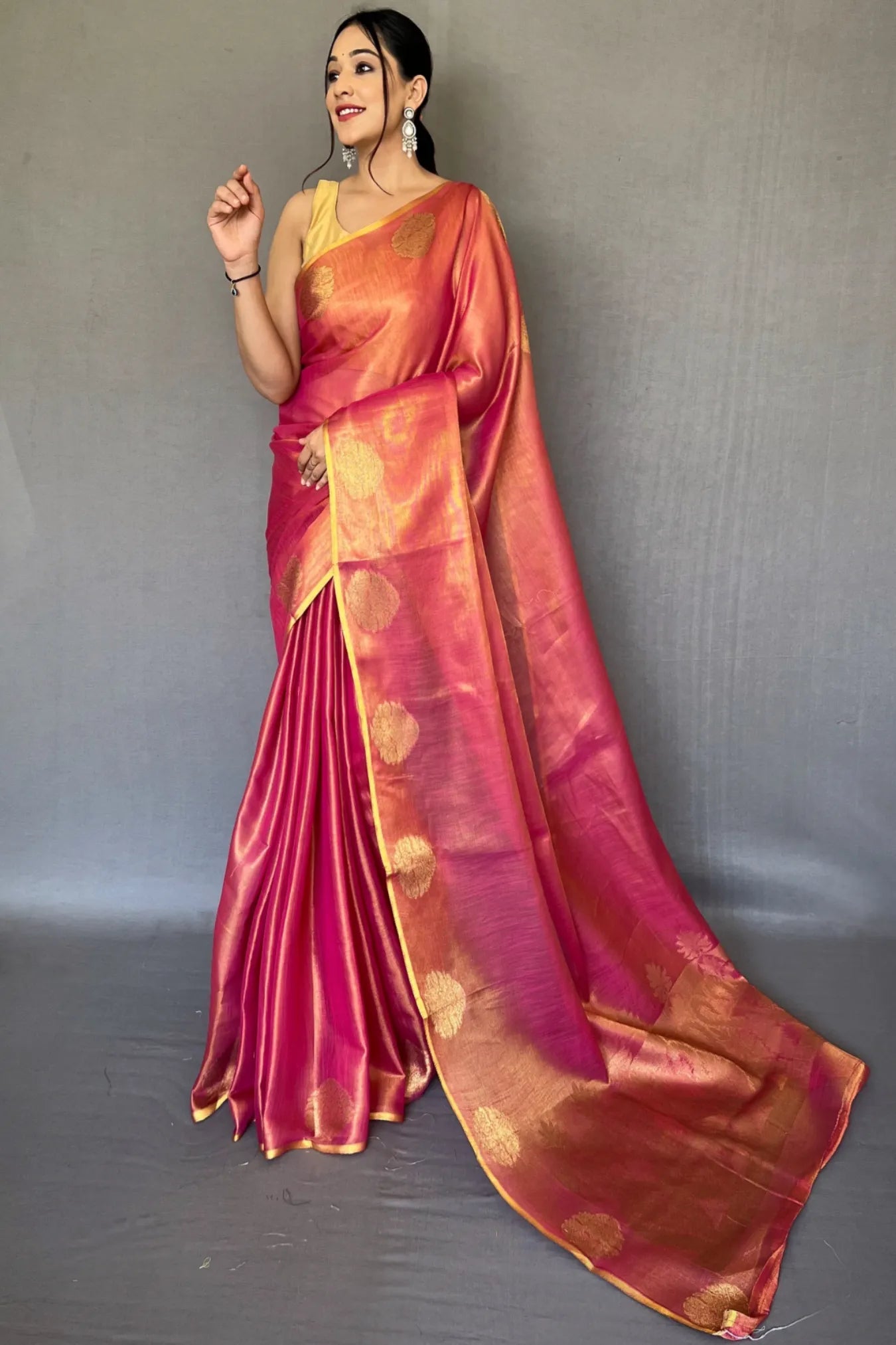 Pink Colour Zari Woven Handloom Tissue Silk Saree